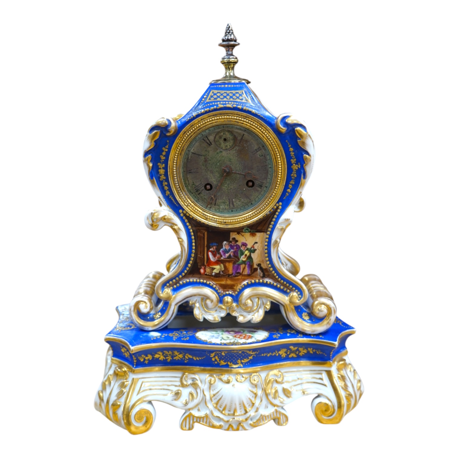 A French Paris porcelain waisted clock, striking on a bell, raised on original matching stand in the style of Jacob Petit c.1830, 37cm high. Condition - poor to fair